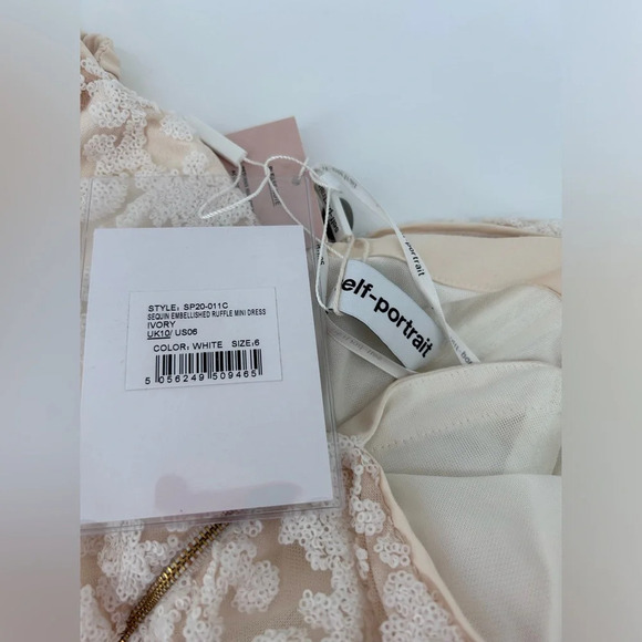 NWT Self-Portrait Sequin Ruffle Mini Dress Ivory White Size 6 - Picture 8 of 16